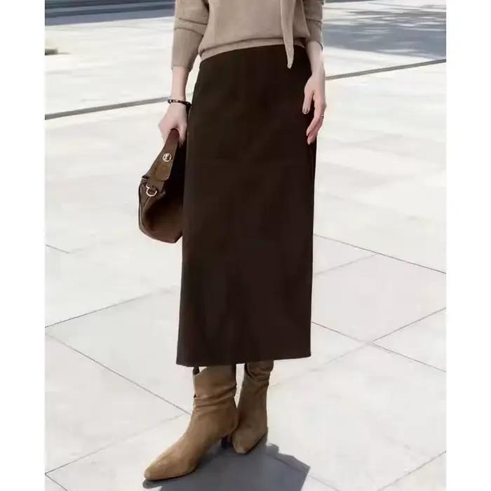 Femmes en cuir véritable Jupe taille haute café longue enveloppement hanche Style printemps automne décontracté dos