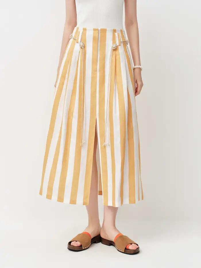 Jupe mini trapèze rayée citron et blanc FSLE 2026 pour femme - Style fluide décontracté inspiré de la nature pour les sorties quotidiennes