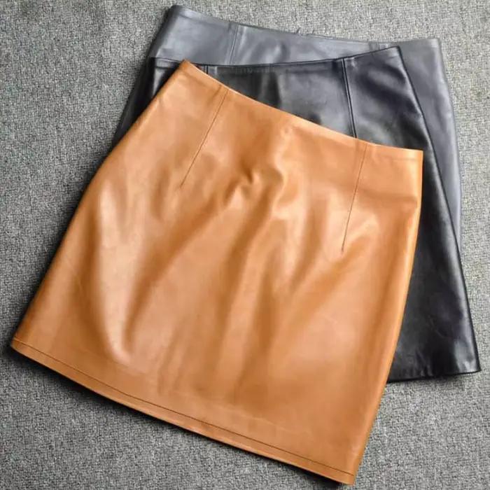 Cuir véritable 2025 une ligne coupe ajustée enveloppement fesses jupe courte en peau de mouton taille haute