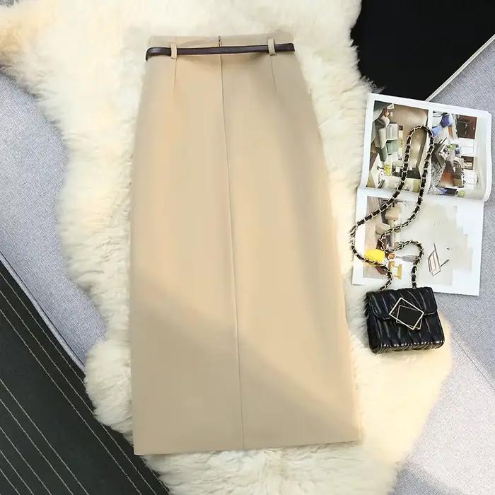 Jupes mi-longues pour femmes vintage, couleur unie, fendue sur le devant, taille haute, polyesters-coton, nouvelles collections printemps été 2024, bureau, ligne a