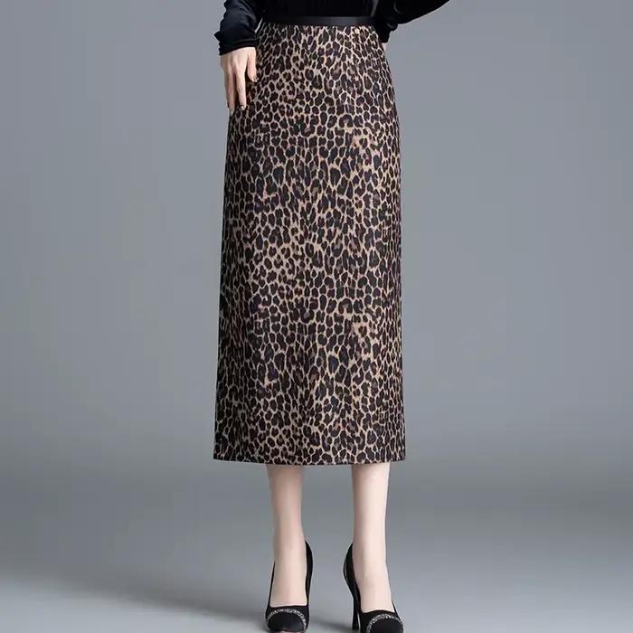 ZUZK élégant longues jupes léopard pour les femmes automne hiver tenue de bureau mince dames jupe taille élastique Maxi