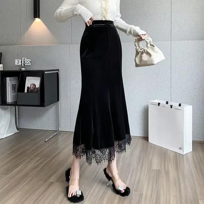 Automne hiver Vintage velours dentelle Patchwork femmes jupes portefeuille 2025 nouveau taille haute noir décontracté