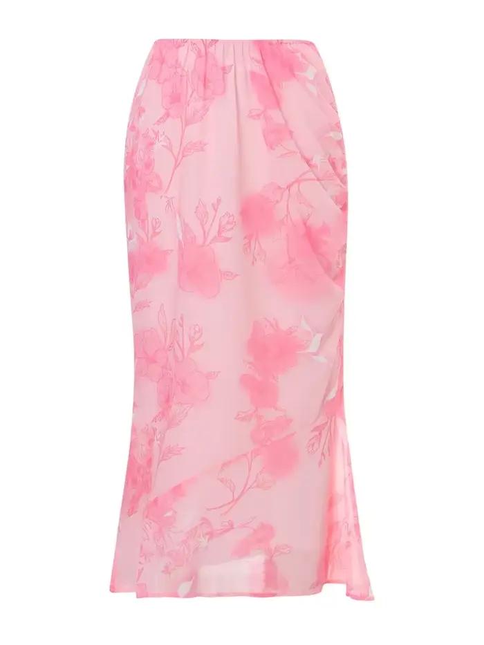 Jupe longue à fleurs taille basse en mousseline de soie hirigin pour femmes, style vintage, été et automne, facile à entretenir, adaptable à toutes les occasions ```
