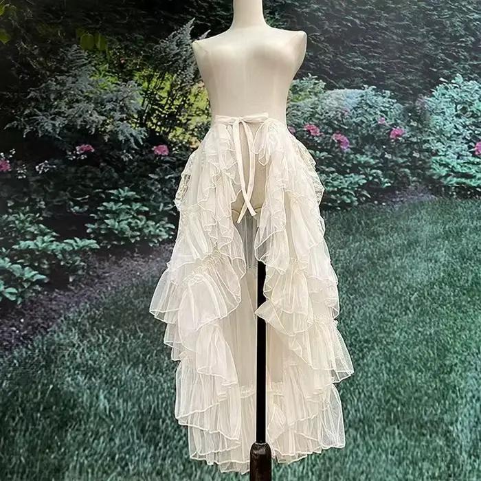 Gothique Lolita dentelle maille volants fée princesse jupe de fête femmes asymétrique mignon rideau pure couvrir mince