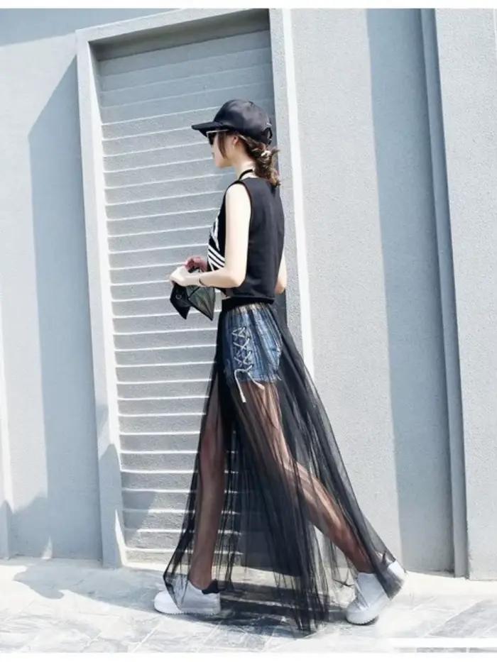 Jupe longue en dentelle pour femmes, noire et blanche, décontractée, taille basse, style bohème, sexy, transparente, maxi, été, 2024 ```