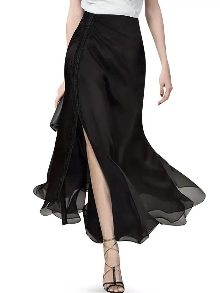 Jupe trapèze en mousseline de soie noire pour femme