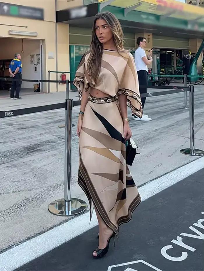 Ensemble Bohème Femme : Haut Imprimé Col Rond et Jupe Longue Irrégulière Taille Haute – Nouvelle Collection Été 2026 Deux Pièces