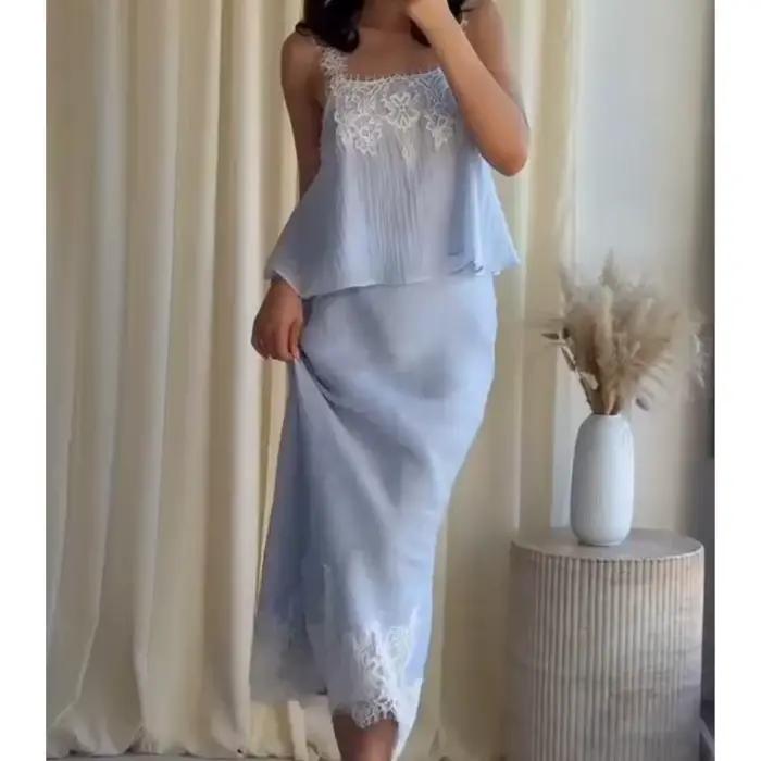 Ensemble jupe midi taille haute et haut en dentelle sans manches pour femmes, élégant et tendance, HipSeam, printemps 2026, bleu, or, noir