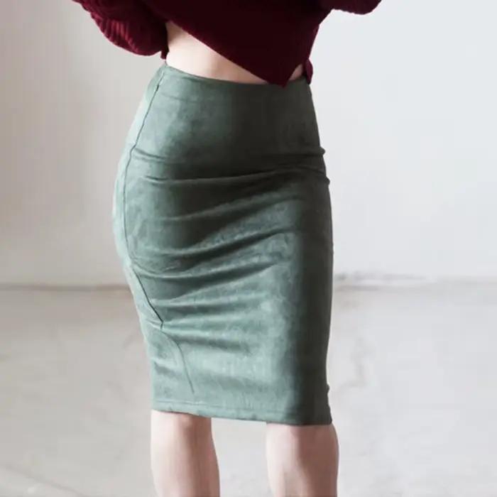 Jupe fendue en daim de couleur unie, jupe taille haute aux hanches