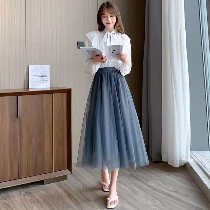 Midi Tulle gaze jupe nouvelle mode féminine taille haute mi-longue