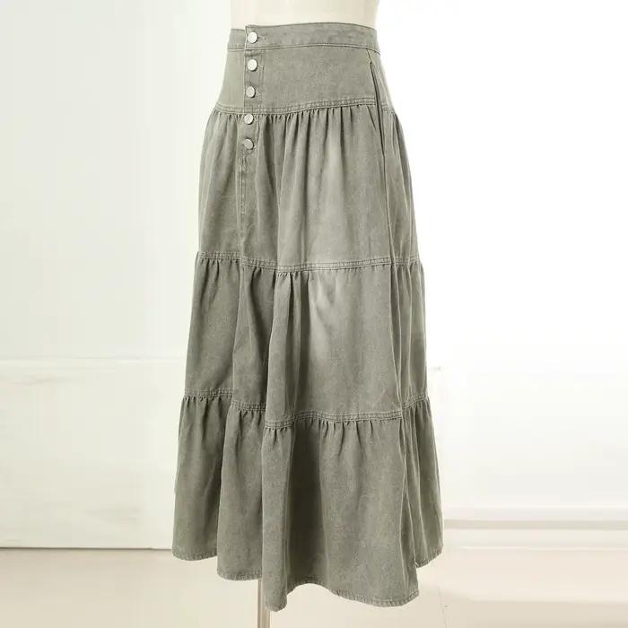 Jupe en jean femme Boho élégant à volants grand ourlet a-ligne décontracté mode