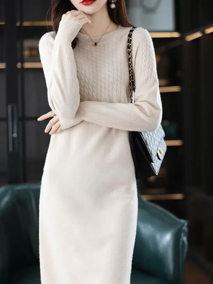 Robe en laine pure tricotée col rond longueur aux genoux pour femmes style bureau dame automne hiver occassions spéciales