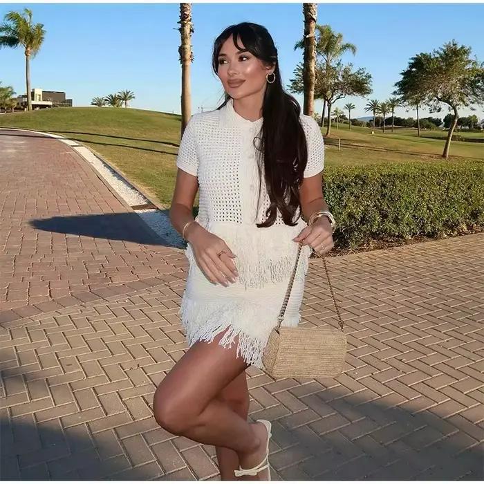 Femmes tricot gland jupe ensembles évider revers demi manches haut + plissé Mini jupes costume 2025 été dame 2 pièces ensemble tenues