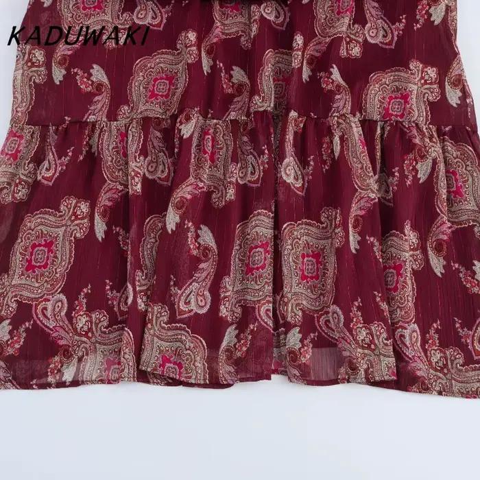 KADUWAKI femmes Robe longue mode vacances Style lanterne manches à lacets cou robes mi-longues bohème été imprimé