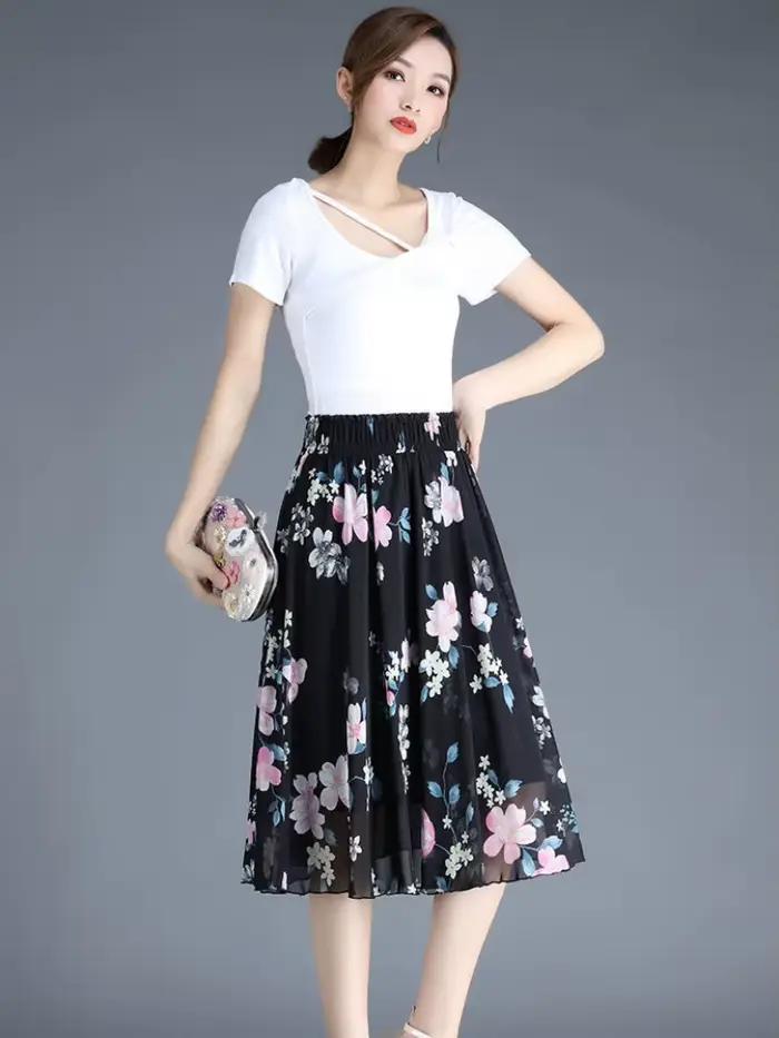 Jupes féminines à fleurs jusqu'aux genoux longueur jupe femme en mousseline de soie Vintage pas cher mode coréenne haute qualité Streetwear 2025 tendance V Y2k