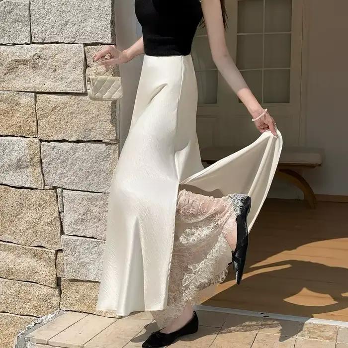 Jupe longue en satin d acétate à la mode avec empiècements en dentelle et fentes latérales pour femmes automne et occasions spéciales