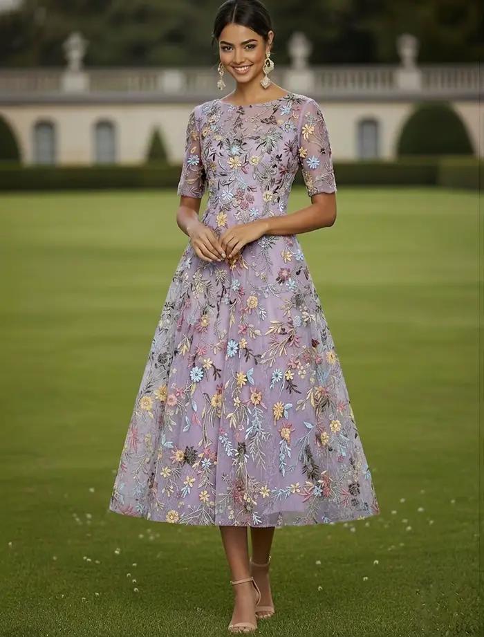 Robe de cocktail rose personnalisée pour invitée de mariage, manches mi-longues, col rond, élégante, décontractée, formelle, en tulle avec broderies et appliques