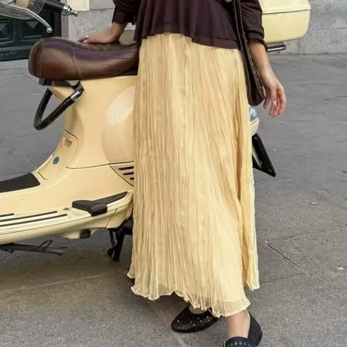YENKYE femmes froissé a-ligne Midi beurre jaune jupe taille élastique printemps été vacances jupes élégantes nouveau 2025 faldas mujer