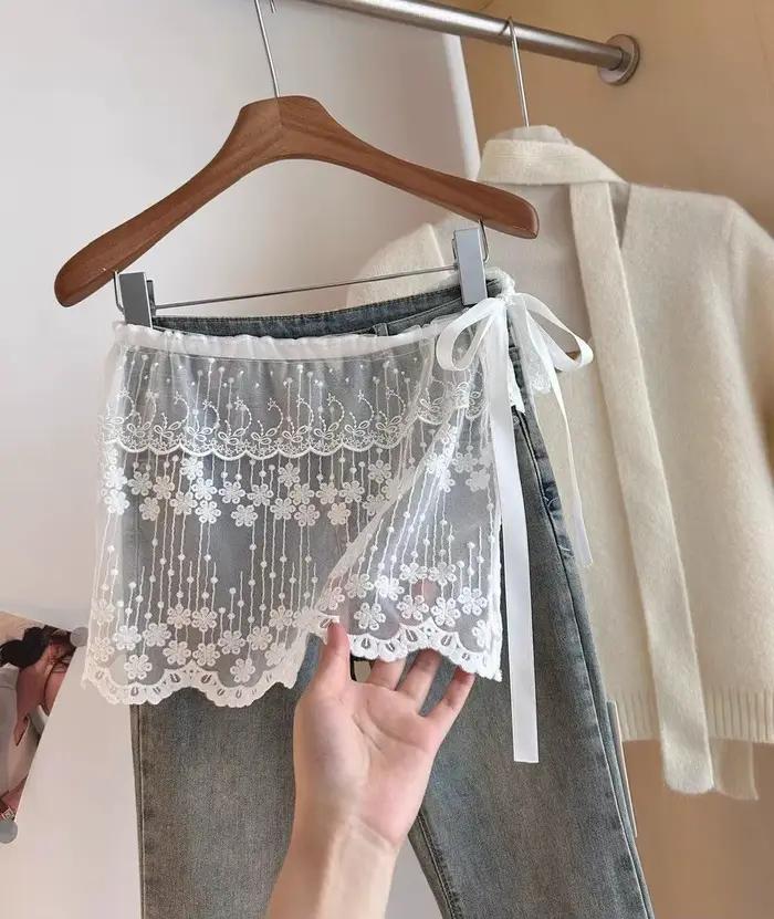 Chaud! Jupe courte trapèze taille haute, sweat-shirt, rideau de fesses, vêtements superposés, demi-jupe, garniture en dentelle, couverture inférieure, faux ourlet
