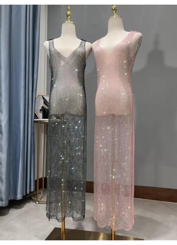 Robe de soirée à strass, décolleté en v profond, Sexy, longue maille fine et scintillante, vêtements de Club pour femmes, nouvelle collection été 2023