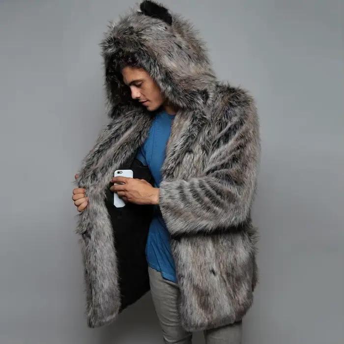 Manteau en fausse fourrure pour hommes, manches longues, capuche, épais et chaud, Cardigan moelleux en peluche, Parka décontractée, vêtements de neige, manteau en fourrure d'hiver