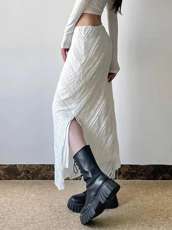 Jupe longue en dentelle blanche élégante pour femmes junior style streetwear vintage été