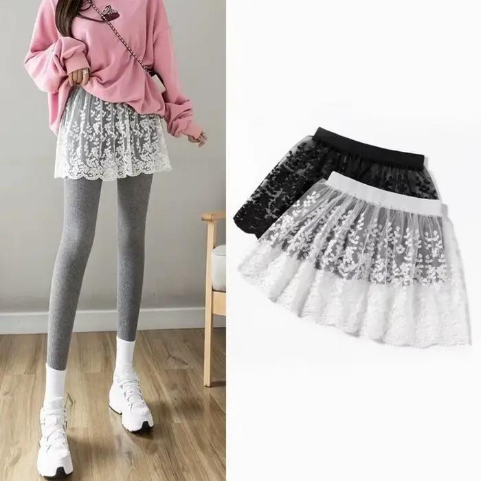 Jupon court taille haute en dentelle transparente brodé de fleurs pour femme