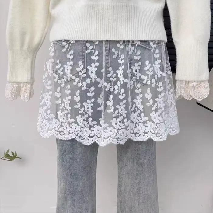 Jupon court taille haute en dentelle transparente brodé de fleurs pour femme