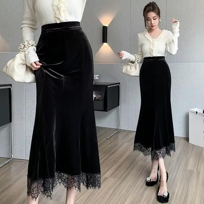 Automne hiver Vintage velours dentelle Patchwork femmes jupes portefeuille 2025 nouveau taille haute noir décontracté