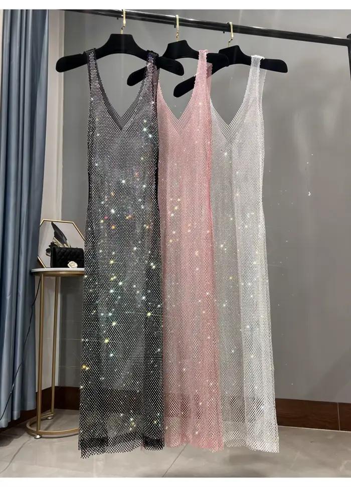 Robe de soirée à strass, décolleté en v profond, Sexy, longue maille fine et scintillante, vêtements de Club pour femmes, nouvelle collection été 2023