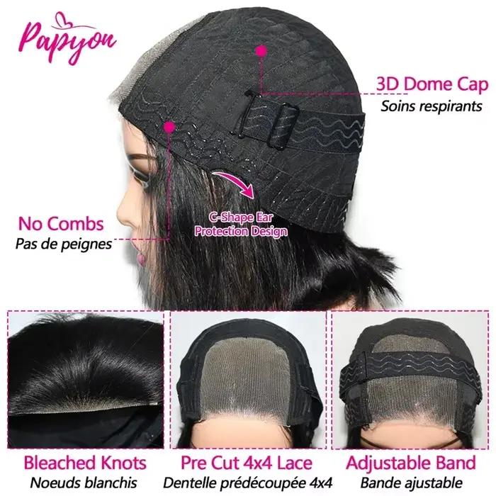 Perruque courte et droite, sans colle, prête à porter, en cheveux naturels, pré-coupée, avec cordon élastique 4x4, version améliorée