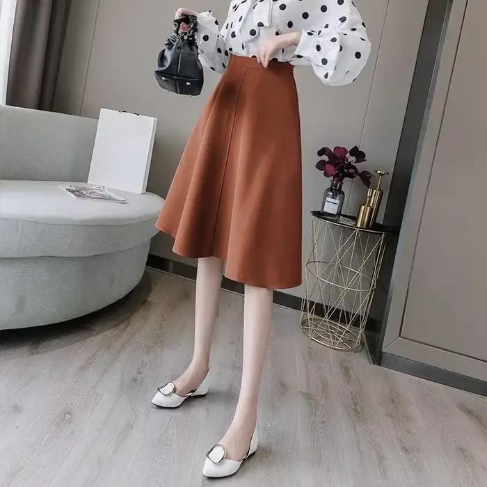 Vinatge Faux daim jupe pour femmes automne hiver une ligne taille haute jupes femme couleur unie genou longueur