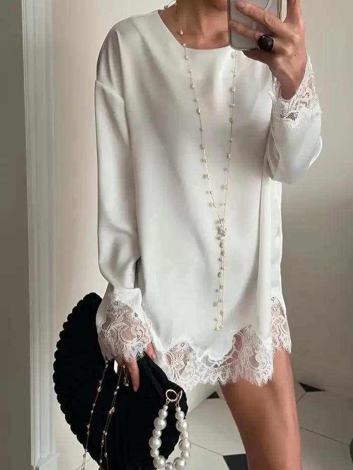 Robe courte bleu céleste en satin ample avec dentelle et lacets pour femmes, élégante pour soirées et clubs, coupe ample, col rond, printemps 2026