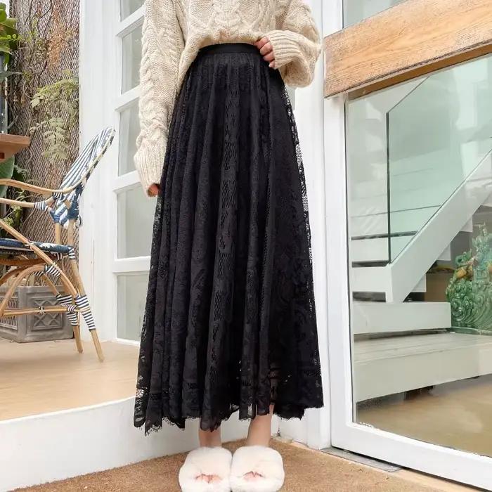 Jupes longues Maxi pour femmes printemps été coréen mignon Style princesse élastique taille haute a-ligne jupe en dentelle florale blanc noir