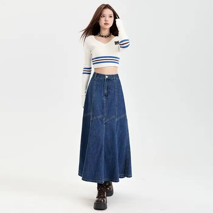 Femmes bleu a-ligne Denim jupe Vintage esthétique Y2k Patchwork nouvelle Jean
