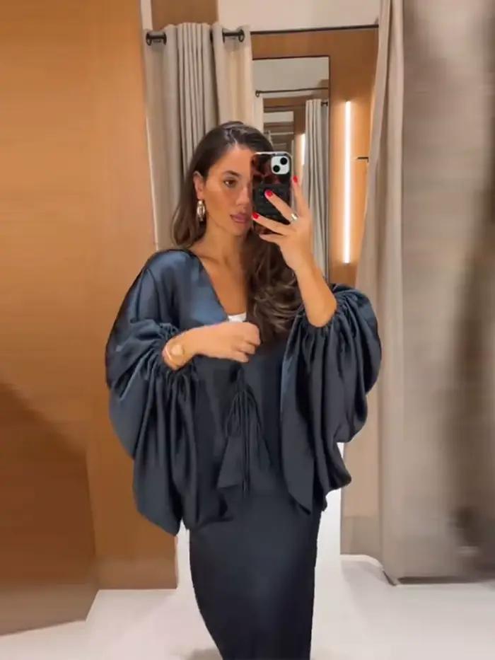 Ensembles de jupes pour femmes : Hauts amples à col en V et manches lanternes avec lacets