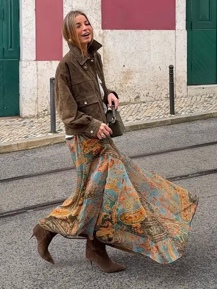 Jupe longue asymétrique à volants imprimés pour femme