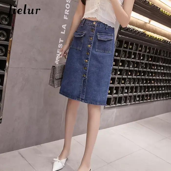Jielur Taille Haute Denim Jupes lèvent Poches Classique Jeans Jupe pour Femmes S-5XL