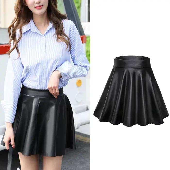 Mode chaude patineuse polyvalente élastique Faux cuir jupes jupe courte Mini taille haute