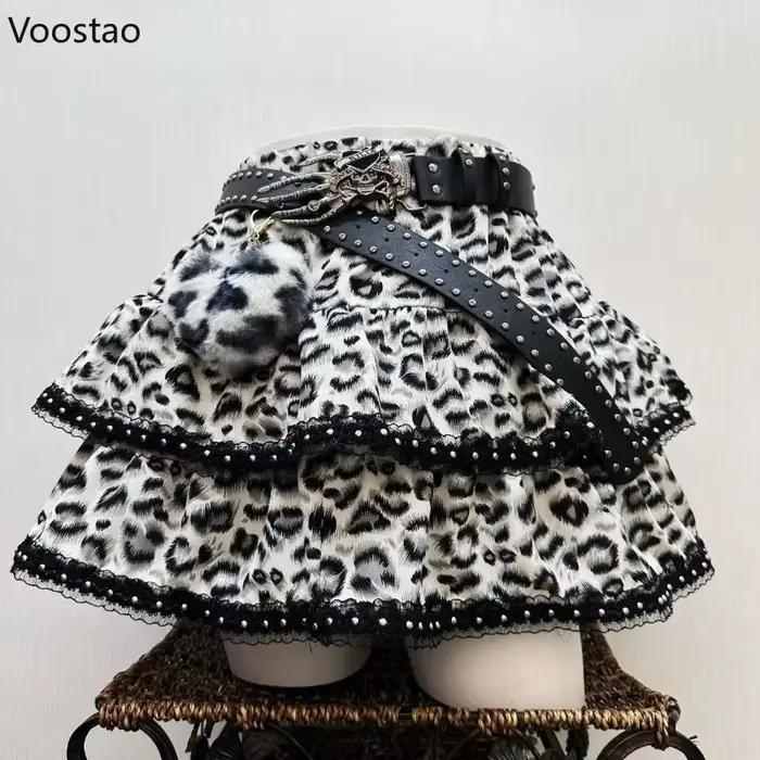 Jupe en jean style Lolita vintage japonaise esthétique Y2K pour femmes mini gothique imprimé léopard streetwear Harajuku punk JK sortie nocturne