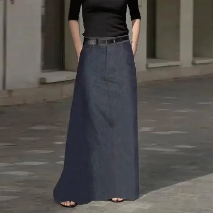 Krisstargirl 2025 été nouvelle mode Denim jupes pour femmes Imitation h-ligne taille haute poches ample femme bleu Maxi jupe