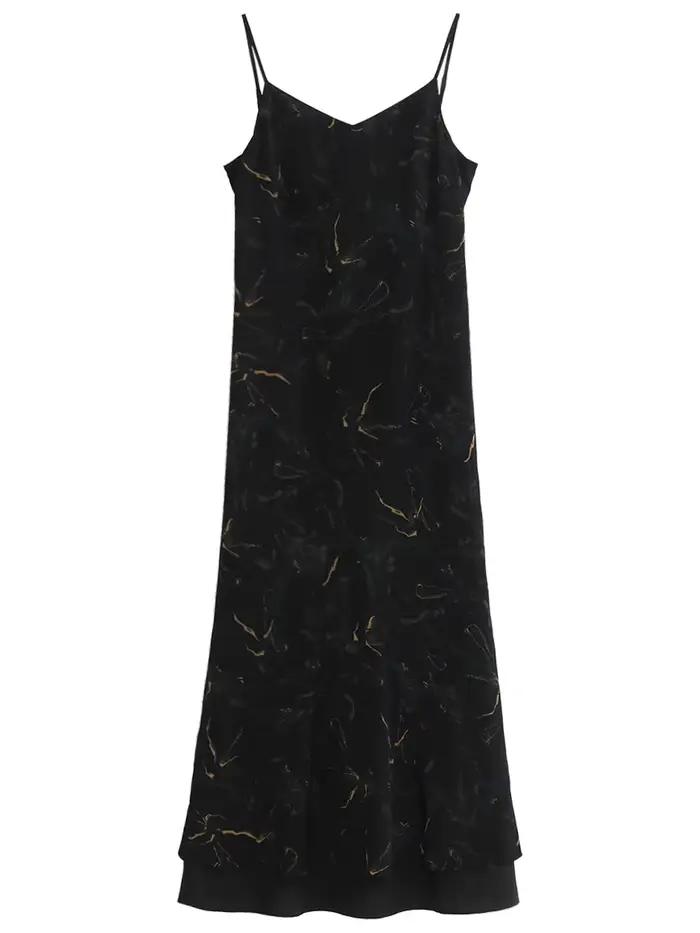 Robe Chic Ven Camisole Style Rétro Ample Col en V Pour Plage Vacances Printemps Ete Polyester Noire Verte