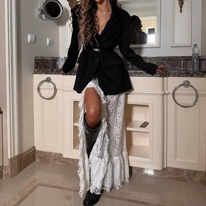 Jupes Femme Mi-longues Coupe Trapèze Taille Haute Ajustée Dentelle Florale Décontractée Volants Uni Élégant Épissure Y2K Streetwear 2026