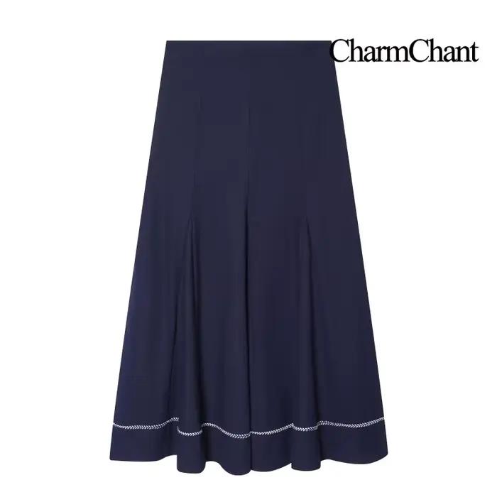 Jupe mi-longue plissée bleue taille haute pour femme CHARMCHANT