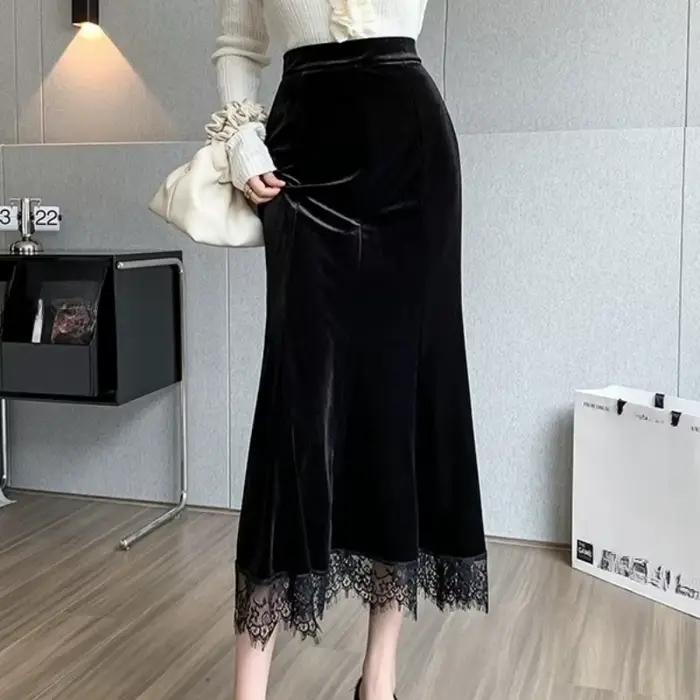 Automne hiver Vintage velours dentelle Patchwork femmes jupes portefeuille 2025 nouveau taille haute noir décontracté