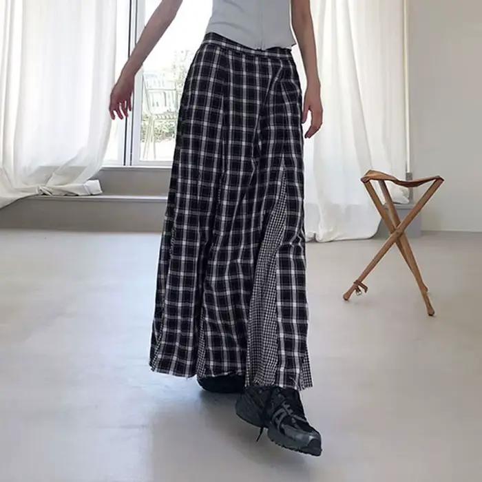 Femmes Plaid jupe longue rétro épissage taille haute