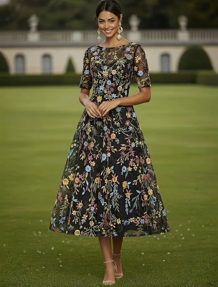 Robe de cocktail rose personnalisée pour invitée de mariage, manches mi-longues, col rond, élégante, décontractée, formelle, en tulle avec broderies et appliques
