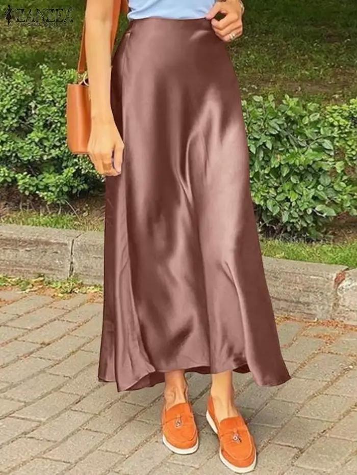 ZANZEA mode Satin soie jupes femmes été longue taille haute Jupe décontracté solide fête Faldas Saia femme Vintage