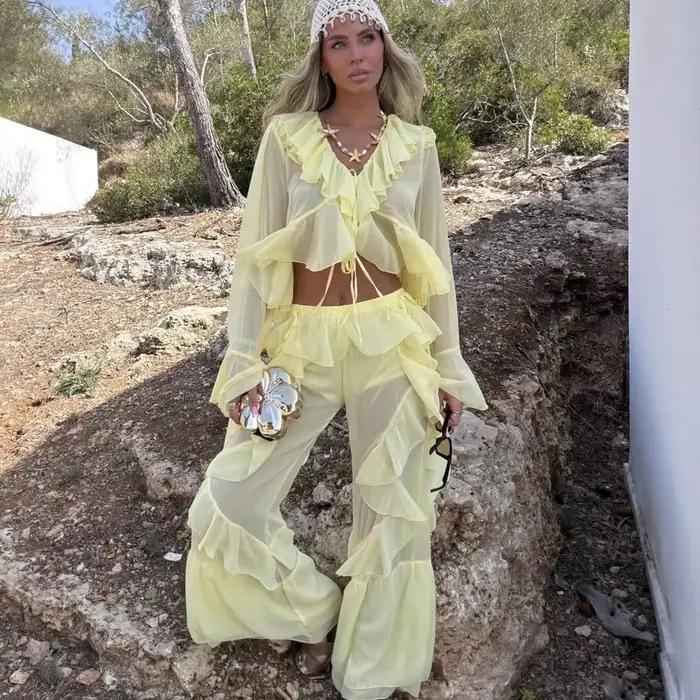 Robes jaunes deux pièces pour femmes, manches longues, robes de soirée, col en V, volants, ensembles de robes d'été pour la plage et les anniversaires