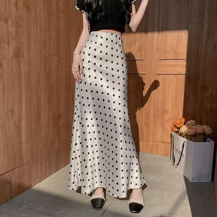 ZOCI Jupe sirène en satin à pois - Jupe mi-longue fluide et moulante taille haute flatteuse pour femme